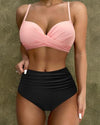SUUKSESS Women Twist High Waisted Bikini Push Up Two Piece Swimsuits Sexy Bathing Suits (Pink Black, M)