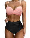 SUUKSESS Women Twist High Waisted Bikini Push Up Two Piece Swimsuits Sexy Bathing Suits (Pink Black, M)