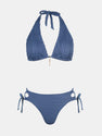 CUPSHE Women's Bikini Sets Two Piece Swimsuit Plunging Neck Halter Cheeky Bottom Low Rise Strappy Side Tie, M Steel Blue