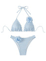 OYOANGLE Women's 2 Piece Striped Bikini Set Floral Appliques Triangle Halter Bathing Suits Blue and White Small