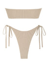 ZAFUL Womens Cut Out Strapless Swimsuit Textured Bandeau Bikini Tie Side String Swimwear Set High Cut Thong Bathing Suit Beige XS