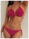 MakeMeChic Women's Crochet Cover Up Sets 3D Flower Halter Backless Bikini Top and Thong Beach Bathing Suit Hot Pink Medium