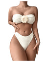 SHENHE Women's Strapless High Cut Bikini Set 3D Rosette Flower 2 Piece Bandeau Swimsuit Beige Small