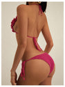 MakeMeChic Women's Crochet Cover Up Sets 3D Flower Halter Backless Bikini Top and Thong Beach Bathing Suit Hot Pink Medium