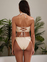 ZAFUL Women's Halter Bandeau Bikini Beaded Tie Back String Bikini Set Push Up Two Piece Swimsuit Bathing Suits (1-Beige, S)