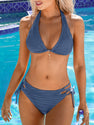 CUPSHE Women's Bikini Sets Two Piece Swimsuit Plunging Neck Halter Cheeky Bottom Low Rise Strappy Side Tie, M Steel Blue