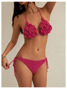 MakeMeChic Women's Crochet Cover Up Sets 3D Flower Halter Backless Bikini Top and Thong Beach Bathing Suit Hot Pink Medium