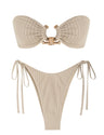 ZAFUL Womens Cut Out Strapless Swimsuit Textured Bandeau Bikini Tie Side String Swimwear Set High Cut Thong Bathing Suit Beige XS
