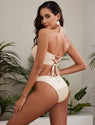 ZAFUL Women's Halter Bandeau Bikini Beaded Tie Back String Bikini Set Push Up Two Piece Swimsuit Bathing Suits (1-Beige, S)