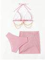 COZYEASE Women's 3 Piece Bikini Set Backless Halter Neck Triangle Chain Swimsuit Set with Beach Skirt Dusty Pink M