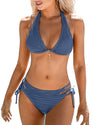 CUPSHE Women's Bikini Sets Two Piece Swimsuit Plunging Neck Halter Cheeky Bottom Low Rise Strappy Side Tie, M Steel Blue