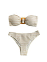 GORGLITTER Women's 2 Piece Strapless Swimsuit Striped Bandeau High Waisted Thong Bikini Set Bathing Suit Khaki Striped Small
