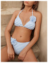 OYOANGLE Women's 2 Piece Striped Bikini Set Floral Appliques Triangle Halter Bathing Suits Blue and White Small