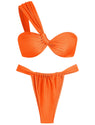 ZAFUL Women's One Shoulder Bikini Twisted Ruched High Cut Bandeau Bikini Set Two Piece Swimsuit (1-Orange, S)