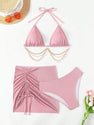 COZYEASE Women's 3 Piece Bikini Set Backless Halter Neck Triangle Chain Swimsuit Set with Beach Skirt Dusty Pink M