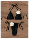 RoseSeek Women's Two Piece Bathing Suit Floral Appliques Halter Triangle Tie Side Thong Bikini Swimsuits Black with Floral XS
