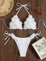 GORGLITTER Women's Appliques Triangle Bikini Set Halter Wireless Bra and Tie Side Thong Swimsuit Set White Small