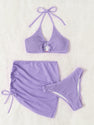 MakeMeChic Women's 3 Piece Bathing Suits Halter Ring Bikini Set with Cover Up Skirt Lilac Purple B XS