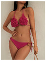 MakeMeChic Women's Crochet Cover Up Sets 3D Flower Halter Backless Bikini Top and Thong Beach Bathing Suit Hot Pink Medium