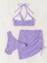 MakeMeChic Women's 3 Piece Bathing Suits Halter Ring Bikini Set with Cover Up Skirt Lilac Purple B XS