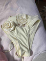 OYOANGLE Women's 2 Piece 3D Rose Bikini Swimsuit Spaghetti Strap High Waisted Bathing Suit Beachwear Beige White Large