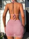 COZYEASE Women's 3 Piece Bikini Set Backless Halter Neck Triangle Chain Swimsuit Set with Beach Skirt Dusty Pink M