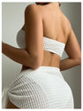 MakeMeChic Women's Bikini Sets Textured Ring Linked Bandeau Backless High Cut Swimsuit White Medium