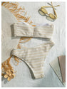 GORGLITTER Women's 2 Piece Strapless Swimsuit Striped Bandeau High Waisted Thong Bikini Set Bathing Suit Khaki Striped Small