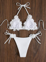 GORGLITTER Women's Appliques Triangle Bikini Set Halter Wireless Bra and Tie Side Thong Swimsuit Set White Small